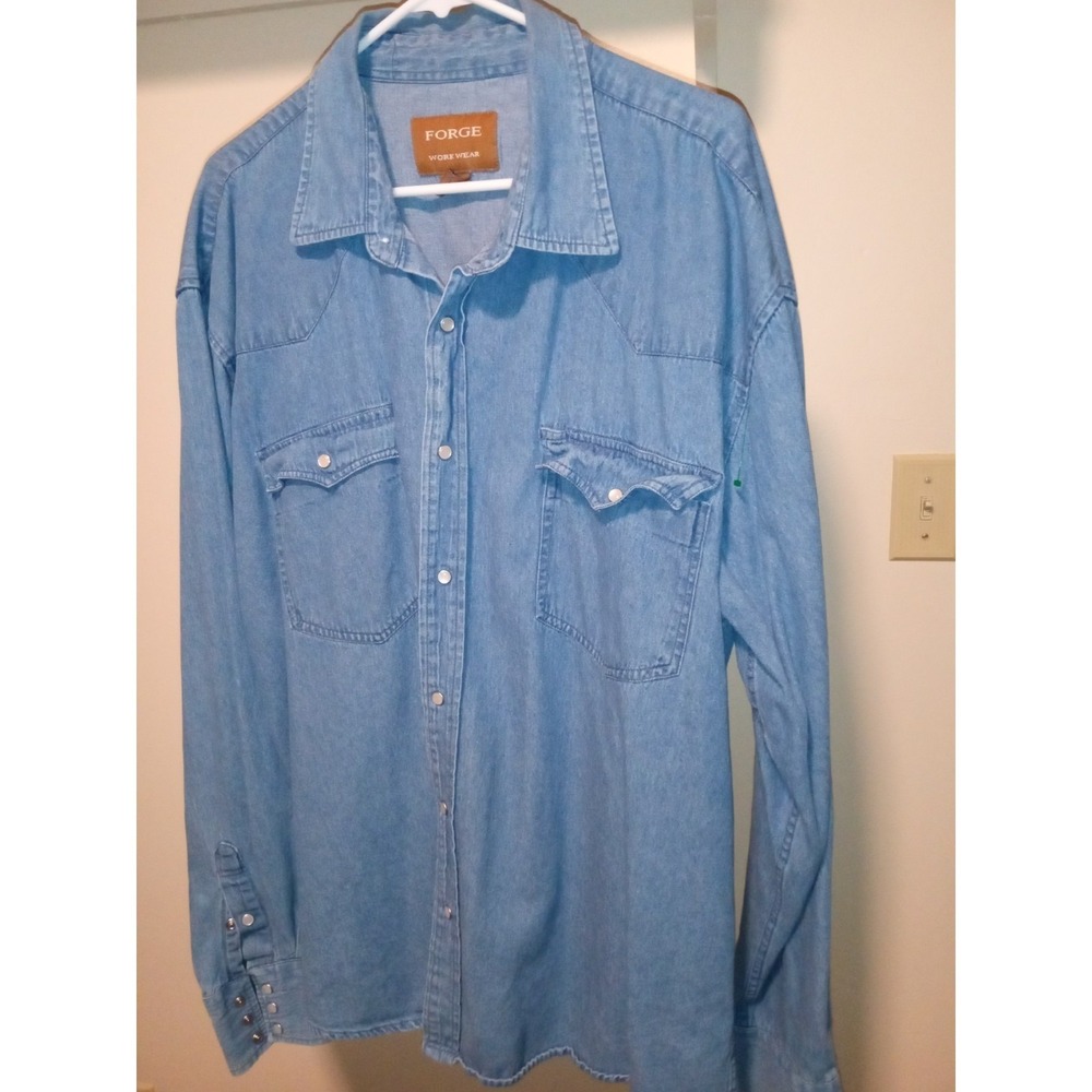 Forge Workwear Mens Light Wash Denim Western Snap Long Sleeve Shirt 3X Cotton